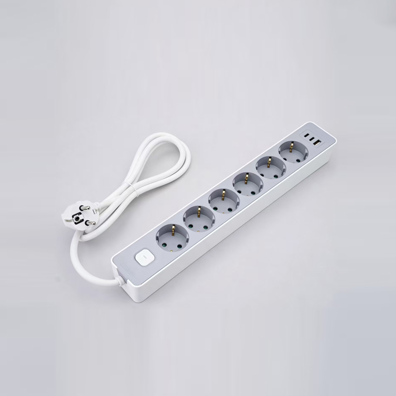 LOB-06K-AC Saksan tyyppinen 6-liitäntäinen jatkojohto kytkimellä, PD-pikalaturi, 1 USB-A- ja 2 Type-C-porttia, moniliitin